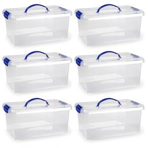 Tradineur Lot de 6 boîtes de rangement transparentes avec poignée bleue en plastique pour jouets, livres, vêtements, couvertures, 17,5 x 38,5 x 23 cm, 10 litres (TRADINEUR, neuf)