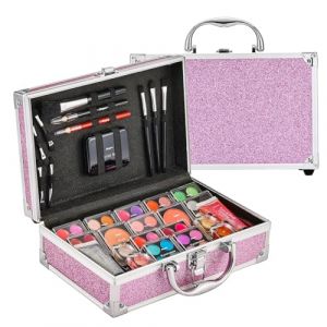 Anpro Trousse de maquillage tout-en-un avec kit de maquillage Pro Teen - Kit complet de d&eacute;marrage avec pinceaux de maquillage, rouges &agrave; l&egrave;vres, palette de fards &agrave; paupi&egrave;res, blush, gel violet paillet&eacute; (GraceMind Mart, neuf)