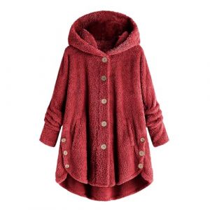 KHIRVWL Veste D'hiver En Polaire R&eacute;versible Pour Femme - Manteau En Laine Boutonn&eacute;e - Manteau D'hiver &agrave; Capuche- Blouson Pelucheuse Avec Poche - Outerwear De Couleur Unie De Pyjama (KHIRVWL-FR, neuf)