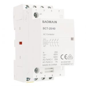 BAOMAIN Contacteur AC, 4 pôles NO, 20A, AC 220V/240V Tension de bobine, 35 mm Montage sur rail DIN, Homologué VDE, BCT-20/40_4NO (BAOMAIN, neuf)