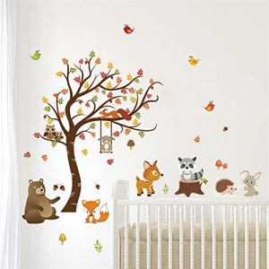 decalmile Stickers Muraux Animaux des Bois Arbre Autocollant Mural Chouette Renard Cerf Décoration Murale Chambre Enfants Bébé Pépinière (H: 79cm) (DecalMile Direct, neuf)