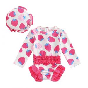 Carolilly Maillot de Bain Une Pièce Bébé Fille à Volant Imprimé Floral, Maillot de Bain Anti-UV à Manches Longues avec Chapeau (6 Mois à 3 Ans) (Rouge, 18-24 Months) (La Vie Brillante, neuf)