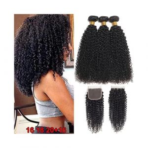Extensions de cheveux M&egrave;ches de cheveux malaisiens vierges cr&eacute;pus boucl&eacute;s avec fermeture 4&times;4 et m&egrave;ches de cheveux humains avec fermeture en dentelle Faisceaux de cheveux humains(14 16 18 Closure 12) (wangjianjunmeiguo, neuf)