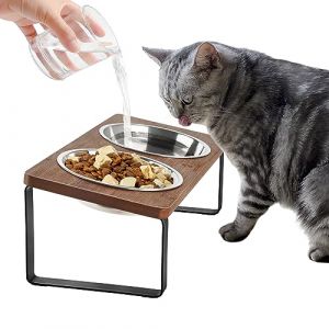 GUUSII HOME Gamelle Chat Surélevée Double Gamelle pour Chat INOX avec Support Bois Incliné Bol Chat Gamelle Chaton Gamelle Chat Anti Vomissement (GUUSII HOME, neuf)