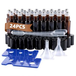 FWEEK 24 pièces huiles essentielles Roller bouteilles en verre, 10ml vide en verre Roll-on bouteilles, brun Roll on bouteilles en verre avec entonnoir, ouvreur, pipettes, pour les huiles essentielles (FWEEK, neuf)