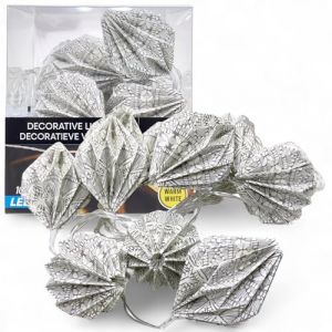 MIJOMA Guirlande lumineuse à LED en papier style bohème, 10 LED blanc chaud, minuterie 6h/18h, à piles, abat-jour origami, décoration pour salon, fenêtre et fête (diamant - Sage-Grey Mosaic) (MIJOMA, neuf)