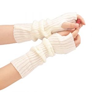 Mumuve Gants, manches de bras tricot&eacute;es avec trou pour le pouce, gants d'hiver chauffe-bras longs demi-doigts, mitaines extensibles de couleur unie, blanc, 30cm long (Secret Dream, neuf)