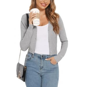 Bol&eacute;ro Femme Tricot Gilet Court Veste Cardigan Bouton Manches Longues pour Robe T Shirt Bretelle Soir&eacute;e F&ecirc;te D&eacute;contract&eacute; Chic El&eacute;gante Gris Clair XL (Yukiuiny, neuf)