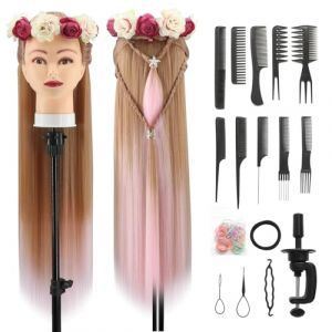 Tete a Coiffer, 28 inch 100% de Cheveux Synthétiques Têtes d'exercice Tête À Coiffer Coiffure Cosmétologie tete a coiffer professionnelle Poupée avec Support + Ensemble de Tresse (Rose brun) (Guangzhouxinfeifazhipinmaoyiyouxiangongsi, neuf)