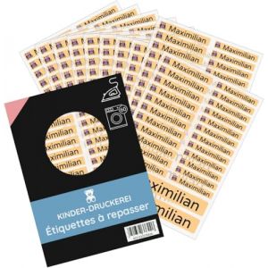 200 pièces (jaunes) étiquettes thermocollantes personnalisées/pour vêtements/étiquettes de linge 3 tailles dans un set de feuilles/jusqu'à 90 degrés/pour la maternelle, la garderie et l'école (tampon-personnalisé, neuf)