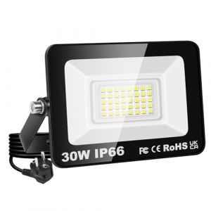 PICAA Projecteur LED 30W, étanche IP66, éclairage de sécurité 3000 lm, applique murale extérieure blanc froid 6500K pour jardin, cour, garage, terrasse, entrepôt, avec prise UE (1 pièce) (BEISHUO-UK, neuf)