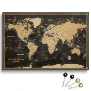 Toile personnalisable motif carte du monde en liège à épingler, parfaite pour les voyageurs et la décoration murale – tableau décoratif sur toile, 100 punaises inclus (Design 1 FR, 120x80 cm) (Pinmap, neuf)