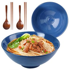 Bols &agrave; ramen de 1200 ml - 20 cm - En c&eacute;ramique - Bols &agrave; soupe - Saladiers - Bols de service - Bols &agrave; c&eacute;r&eacute;ales - Bleu r&eacute;tro - Avec baguettes et cuill&egrave;res - Pour micro-ondes, lave-vaisselle et four (Peelanmall-FR, neuf)