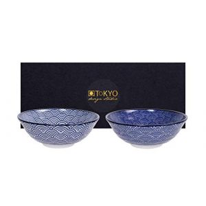 TOKYO design studio Nippon Blue Set de 2 Bols Bleus et Blancs, Ø 21 cm, env. 1000 ML, Porcelaine Japonaise avec Motifs Bleus, boîte Cadeau Incluse (tee-blume, neuf)