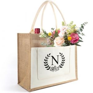 Sac Toile Jute Initiale Personnalisé, Sac en Toile de Jute avec Lettre et Fleurs, Sac Cabas de Course Femme, Cadeau pour Femmes, Amis, Demoiselle d'honneur, Anniversaire, Mariage (N) (Ysound, neuf)