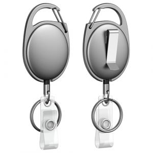 Uniclife 2 Pcs Enrouleur de Badge Rétractable Métal pour Porte-Badge Porte-Clés Rétractable en Métal Boîtier en Métal avec Ressort Acier Inox 55 cm Corde en Nylon Mousqueton Clip Ceinture Anneau Clé (Dinglang, neuf)