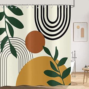 Hnmdmyi Rideau de Douche Boho 150x180, Mid Century Abstract Arc Soleil Vert Feuilles Beige Rideau de Baignoire Moderne Minimaliste Esth&eacute;tique Art Imperm&eacute;able Tissu Polyester Lavable Rideau de Bain (Hnmdmyi, neuf)