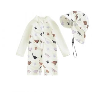 XIXIMAON Maillot de Bain Bébé Garçon Anti-UV Combinaison Natation Manches Longues et Chapeau de Bain Ensemble Piscine Plage Plongée Surf (Beige Dinosaure, 6-12 Months) (qiyuesheng, neuf)