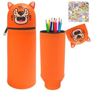 HarnyLoom Trousse Silicone Trousse Ecole 2 en 1 Kawaii Animaux Filles Garcons Fourniture Scolaire Papeterie Rétractable Enfant Autocollants Anniversaire Cadeaux(Orange Tigre) (HarnyLoom, neuf)