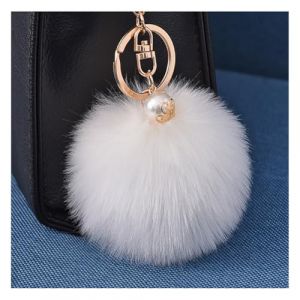 Wisafory Porte-clés pompon avec perle dorée en fausse fourrure moelleuse Porte-clés de sac à main valise sacs à dos accessoires porte-clés porte-clés téléphone portable charme pour femme blanc (Qunrong, neuf)