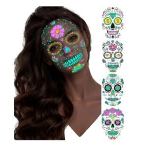 BaronHong Tatouages temporaires fluorescents fluorescents - Visage phosphorescent - Visage phosphorescent - Crâne de fleurs d'Halloween - Maquillage de fête - Lot de 4 - Taille M (BaronHong, neuf)