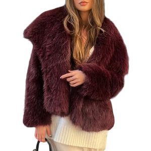 Yimoon Manteau en fausse fourrure pour femme avec revers ouvert sur le devant - Manteau d'hiver chaud en fourrure, Rouge bordeaux/blanc, Medium (xixi EU, neuf)