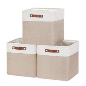 VIIHTYISA Lot de 3 Boîtes de Rangement en Tissu, 33x38x33cm, Avec Poignée en Cuir Synthétique pour Étagère Cube, Étagères, Penderie, Kaki et Blanc (ZABAO STORE, neuf)