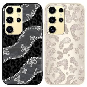 Yirlbey 2 Pi&egrave;ces Coque pour Samsung Galaxy S25 Ultra 5G 6,8", &Eacute;tui Souple TPU Aesthetic L&eacute;opard Butterfly Motif Paillette Dessin Durable Fine Silicone Housse de Antichoc Protection Cover pour Fille (XUPINBO, neuf)