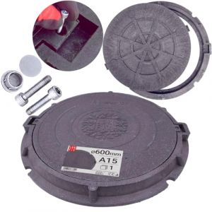 Couvercle de regard rond 600 mm A15 graphite avec cadre renforcé, plaque de regard en polymère-sable 1,5t, couvercle fosse septique plastique, regard eau pluviale, caniveau exterieur (LUN FIX, neuf)