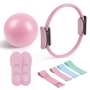 Kit Pilates Essentiel - Accessoires de Fitness Portables - avec Anneau Pilates Tonifiant, Bandes de Résistance Longues, Bandes Pilates Loop, Ballon Pilates Souple et Chaussettes Pilates Grip (Rose) (Doullerli, neuf)