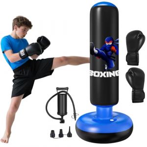 Sac de Frappe Enfant, Qoosea 160cm Punching Ball Enfants avec Gants de Boxe, Gonflable Sac de Boxe, Cadeau Parfait pour Garçons et Filles 3 à 12 Ans pour Karaté, Taekwondo (lysmuk, neuf)