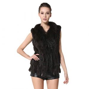 KAISHIN Mode R&eacute;el Tricot&eacute; Gilets De Fourrure De Lapin pour Femmes Casual Col De Fourrure De Raton Laveur Col Manteau Sans Manches (Caf&eacute;, FR 40-42 Taille) (KAISHIN, neuf)