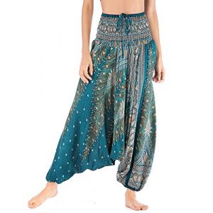 Nuofengkudu Femme Hippie Sarouel Combinaison Pantalon Jumpsuit Taille Haute Large Boheme Fleuri Imprimé Leger Grande Thai Yoga Pants Coloré Ete Plage(Vert Paon,Taille Unique) (better Life, neuf)