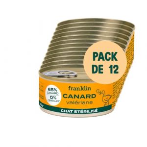 Franklin – Pâtées Chat Adulte sans Céréales – 12x100g – 66% de Viande – Contrôle du Poids – Format canette – Canard, Valériane (Franklin Pet Food, neuf)