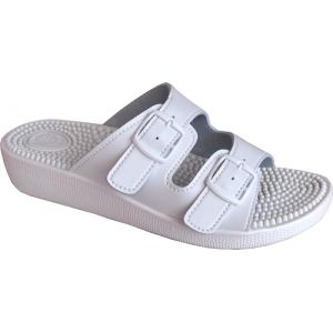 EKO FIT - Sandale de Maison Femme avec Semelle de Massage &agrave; Picots &ndash; Stimule la Circulation &ndash; Confort Optimal &ndash; 2 Boucles R&eacute;glables &ndash; Antid&eacute;rapante - BLANC 41 (Popshoe, neuf)