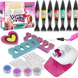 ANGREEL 18Pcs Coffret Vernis a Ongle avec Séchoir à Ongles + 7 Couleurs Stylos de Vernis Enfant à l'eau & Séchage Rapide, Kit Ongle Salon Anniversaire Noël Cadeaux pour 5 6 7 8 ans Filles Maquillage (ANDERK, neuf)