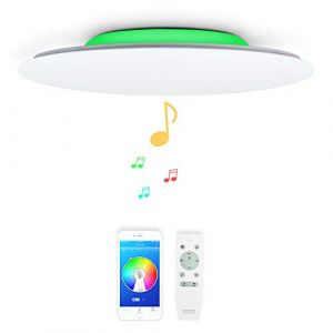48W Φ51cm Abat-jour blanc Musique Plafonnier LED avec Haut Parleur Bluetooth,luminaire couleur changeante avec Telecommande,lustre enceinte bluetooth for Salon Salle de bain Cuisine Chambre Enfants (Chysongoods Store, neuf)