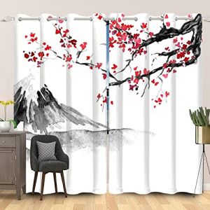 SDOTPMT 117x229cm Japonais Peinture à l'encre Rideau de fenêtre Rouge Cerise Fleur Montagne Rideaux de fenêtre Traditionnel Rideaux Opaques pour Salon Chambre Rideaux occultants, 2 Panneaux, Style A (SDOTPMT, neuf)