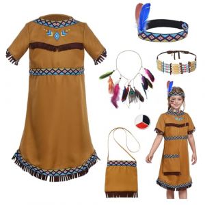 Deguisement Indienne Fille, Costume Indienne Fille Enfant Robe, Indienne Coiffe Bandeau Plume Collier Sac Cosplay Carnaval Halloween Deguisement Enfant Indien 3-12 Ans (140) (HarnyLoom, neuf)
