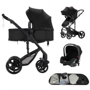 Poussette 3 en 1, poussette bidirectionnelle, nacelle cosy et capote inclus, pour naissance b&eacute;b&eacute;s de 0 a 3 ans (Noir) (HengRuiFeng, neuf)