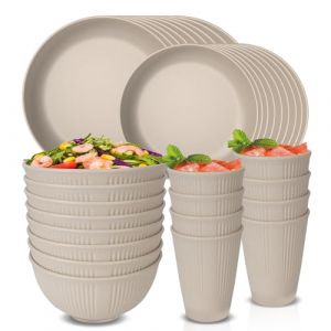 Ensembles de vaisselle incassables pour 8 personnes, assiettes et bols en plastique, ensemble de vaisselle réutilisable, service de table de camping à la maison, 16 assiettes, 8 bols, 8 tasses (Hoteck.Fr.Store, neuf)