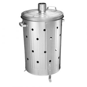 Poubelle de jardin 75 litres pour feuilles, déchets et résidus. Cylindrique. Avec couvercle, poignées et pieds. Acier galvanisé. Utilisez-le comme composteur pour les engrais organiques ou les cendres (BricoLoco, neuf)