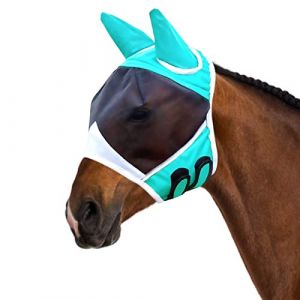 Masque Anti-Mouches Protection Anti-UV avec Oreilles et Naseaux, Lisse et élasticité Lycra Maille Fine Cheval Couvre-tête (Bleu, L) (Duokei, neuf)
