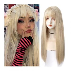 Perruque Synth&eacute;tique Perruque de cheveux longs raides for femmes perruque de cheveux synth&eacute;tiques en or blanc avec frange perruque de cosplay de f&ecirc;te naturelle droite lisse for fille Naturelles Perruq (huasanzigui, neuf)