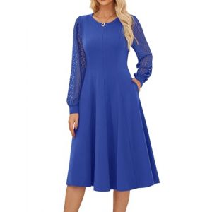 GRACE KARIN Robe Femme Manches Longues Col Rond Coupe A-Line Mi-Mollet, Tissu Contraste et Poignets en Dentelle, pour Tenue de Bureau ou Soir&eacute;e Bleu Roi XXL (Claroine EU, neuf)