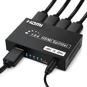 Répartiteur HDMI 1 entrée 4 Sorties, 1x4 Splitter HDMI 4K Distributeur Audio Vidéo avec Adaptateur Secteur, Supporte 3D, HDCP, Compatibilité avec HDTV, Xbox, PS4, Lecteur Blue-Ray, Projecteur (TCNEWCL, neuf)