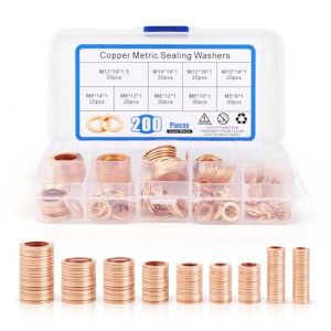 NVIYAM 200 Pcs Rondelles Metal Joint Cuivre Vidange Rondelles pour Gonds de Porte Rondelles Plates Joints Bague D'&eacute;tanch&eacute;it&eacute; Rondelle Cuivre Joint Vidange Assortiment Kit 9 Tailles - M5M6M8M10M12M14 (VALPETERIS, neuf)