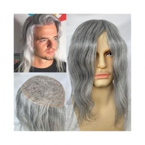 perruque Prothèse capillaire masculine 10x8 pouces Base en dentelle française complète Toupet for hommes 12 pouces Postiche for hommes en cheveux humains Remy 1B mixte 80% gris blanc Système de cheveu (qingyinouzhou, neuf)