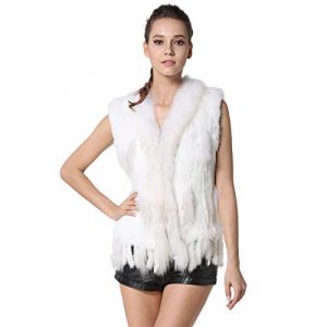 KAISHIN Mode R&eacute;el Tricot&eacute; Gilets De Fourrure De Lapin pour Femmes Casual Col De Fourrure De Raton Laveur Col Manteau Sans Manches (Blanc, FR 44-46 Taille) (KAISHIN, neuf)