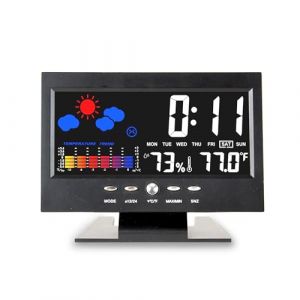 Station Météo Color avec Écran LCD Couleur – Température & Humidité Mini/Maxi – Horloge, Date, Réveil Snooze – Alimentation USB ou Piles – Tendances 12h – Contrôle Sonore – Compacte 14×10×2 cm (SOLDELA ®, neuf)